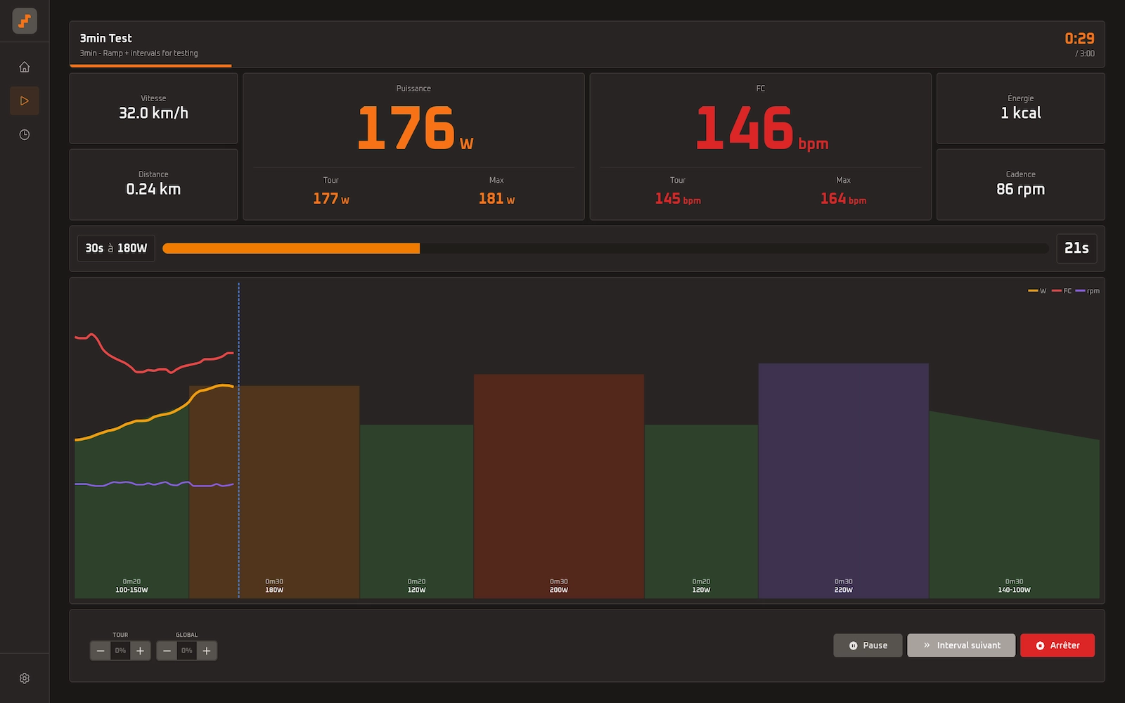 Interface de l'application d'entraînement cycliste Spinnn